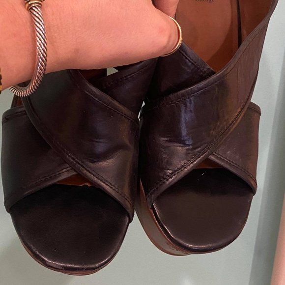 CROWN VINTAGE Black leather Wedge Slip On Open Toe - Picture 7 of 11